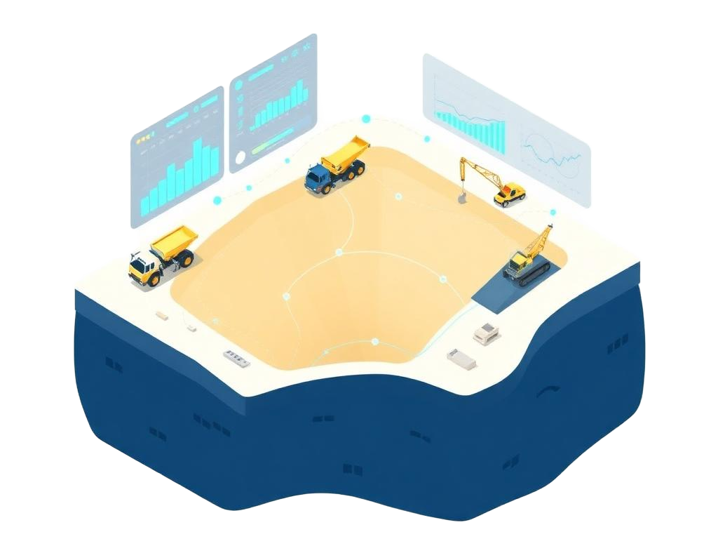 Illustration of mining intelligence connecting trucks, excavators and dashboards